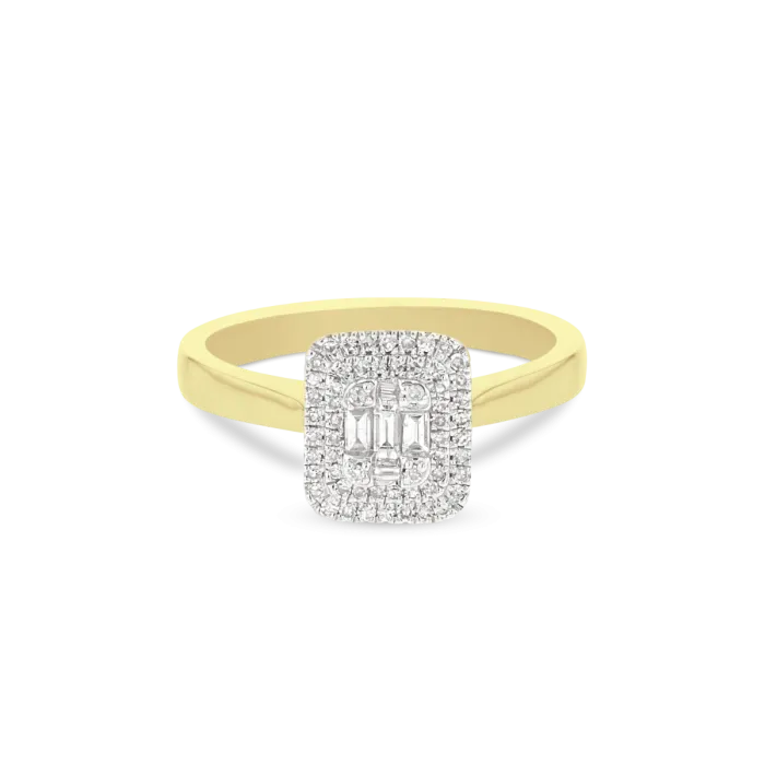 0.25ct Baguette & Round Duchess Halo Ring in 9ct Gold