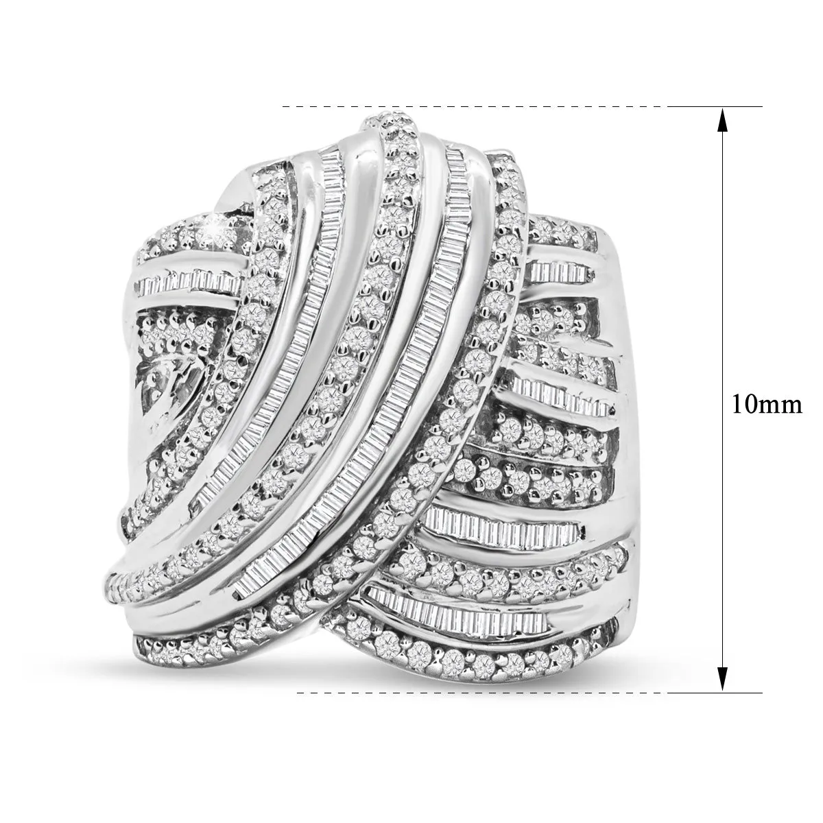 1 Carat Baguette and Round Colorless Diamond Swirl Band Ring In Sterling Silver