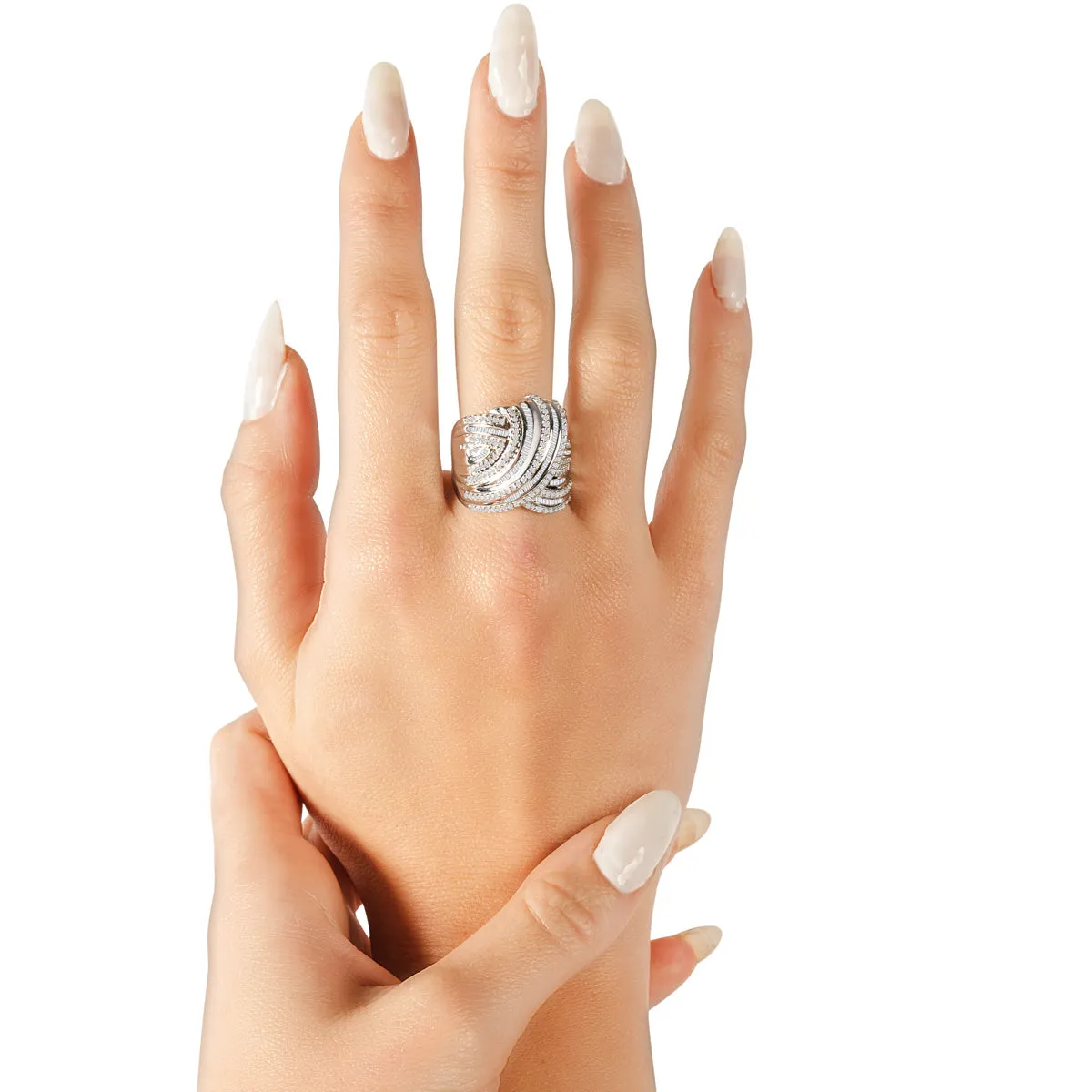 1 Carat Baguette and Round Colorless Diamond Swirl Band Ring In Sterling Silver