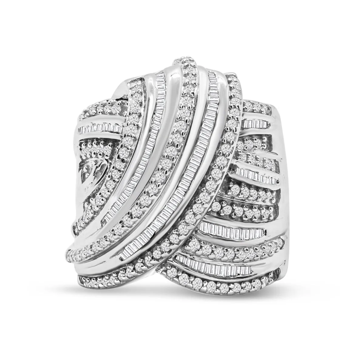 1 Carat Baguette and Round Colorless Diamond Swirl Band Ring In Sterling Silver