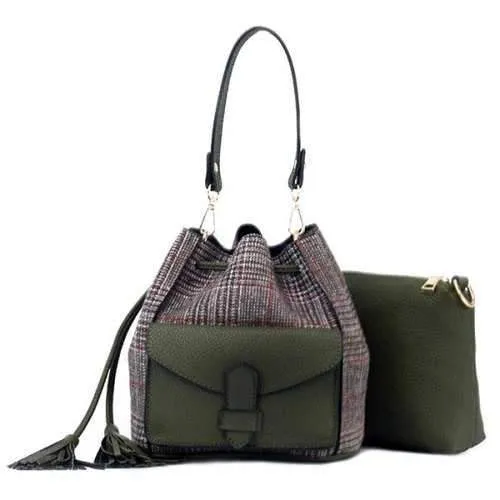 2 Pieces Tassel Plaid String Handbag Set - Green