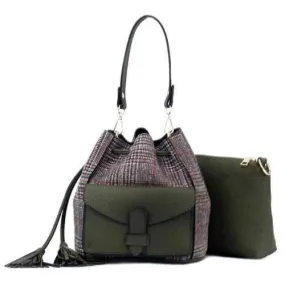2 Pieces Tassel Plaid String Handbag Set - Green