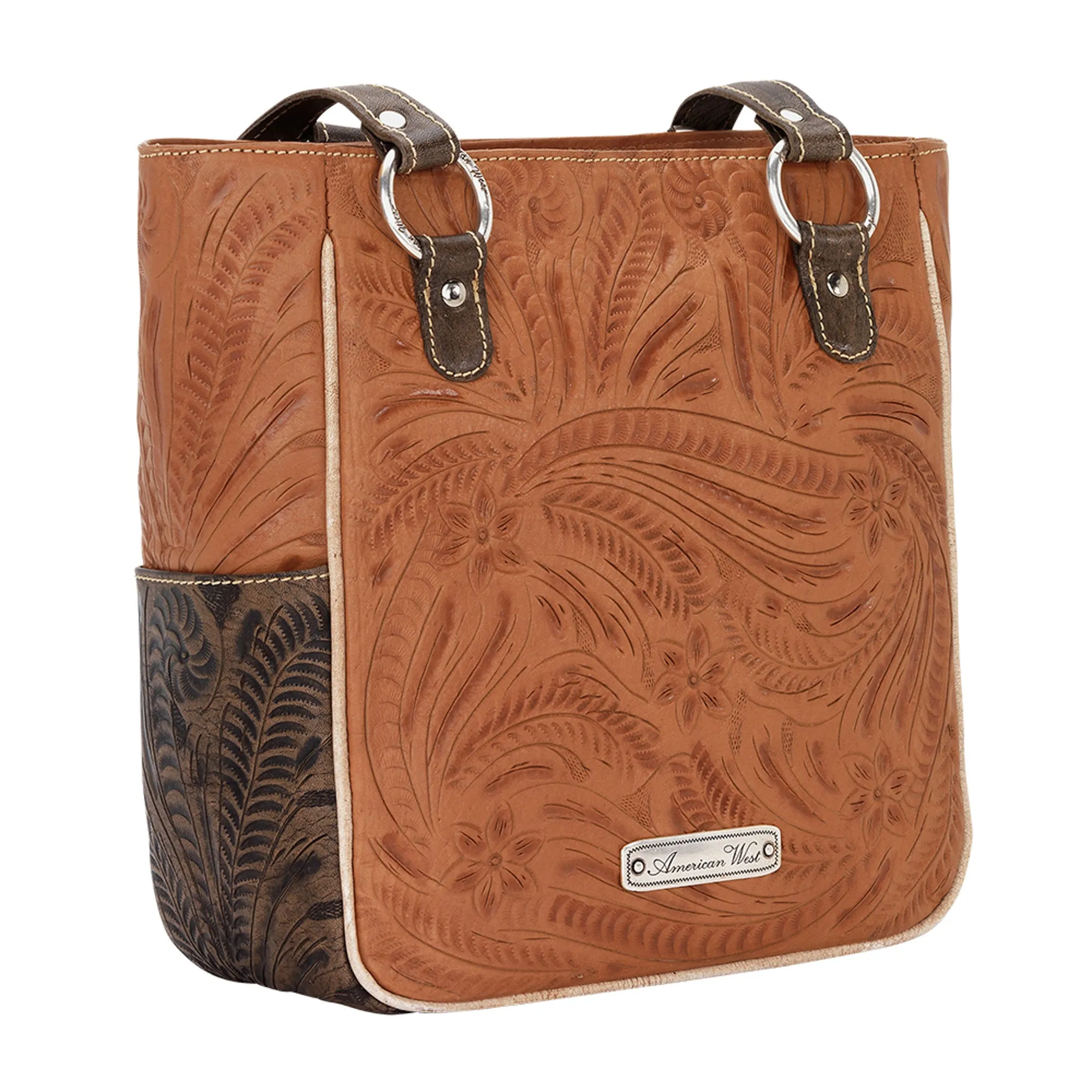 American West Desert Wildflower Natural Tan Leather Zip Top Tote