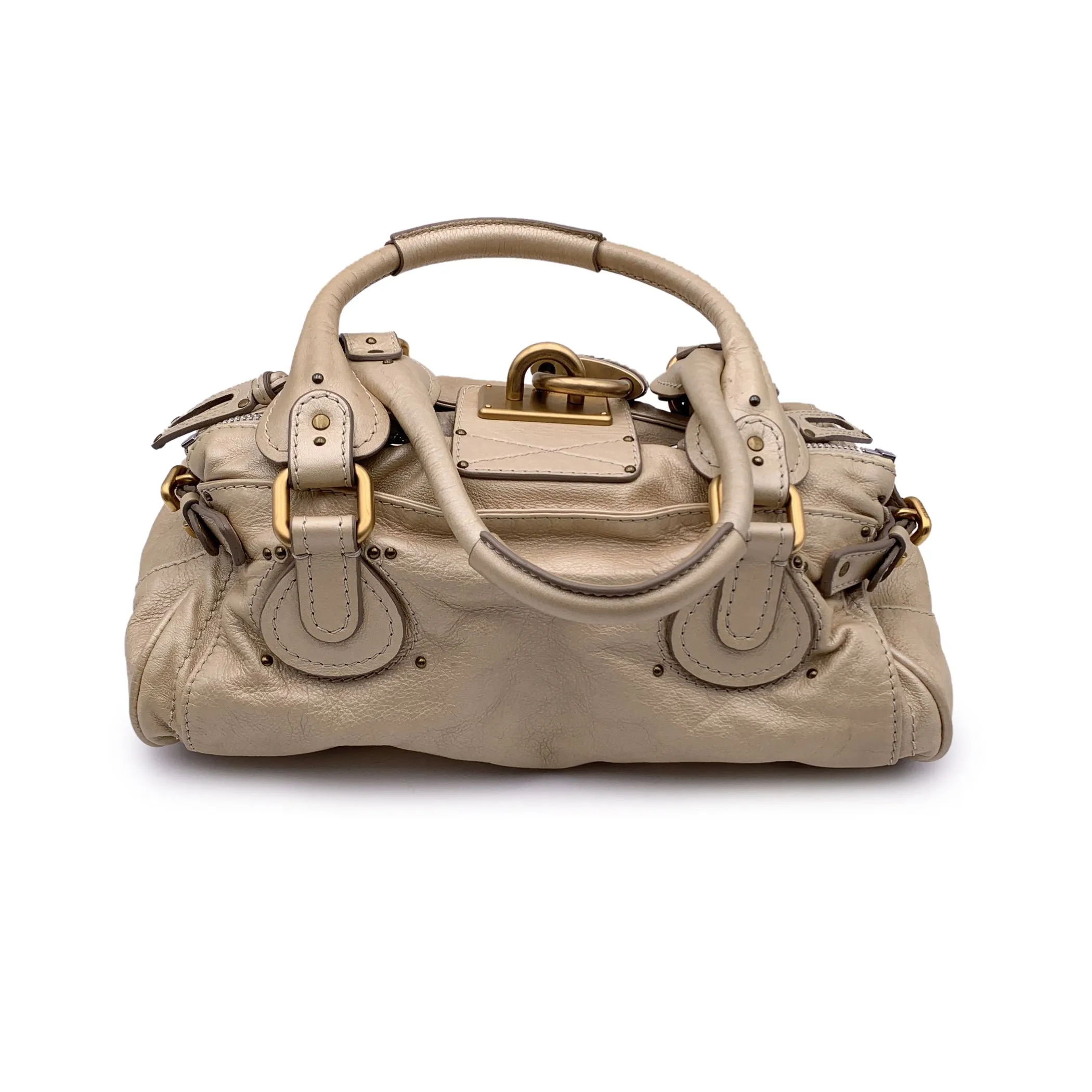 Chloe Metallic Beige Leather Paddington Bag Tote Satchel Handbag