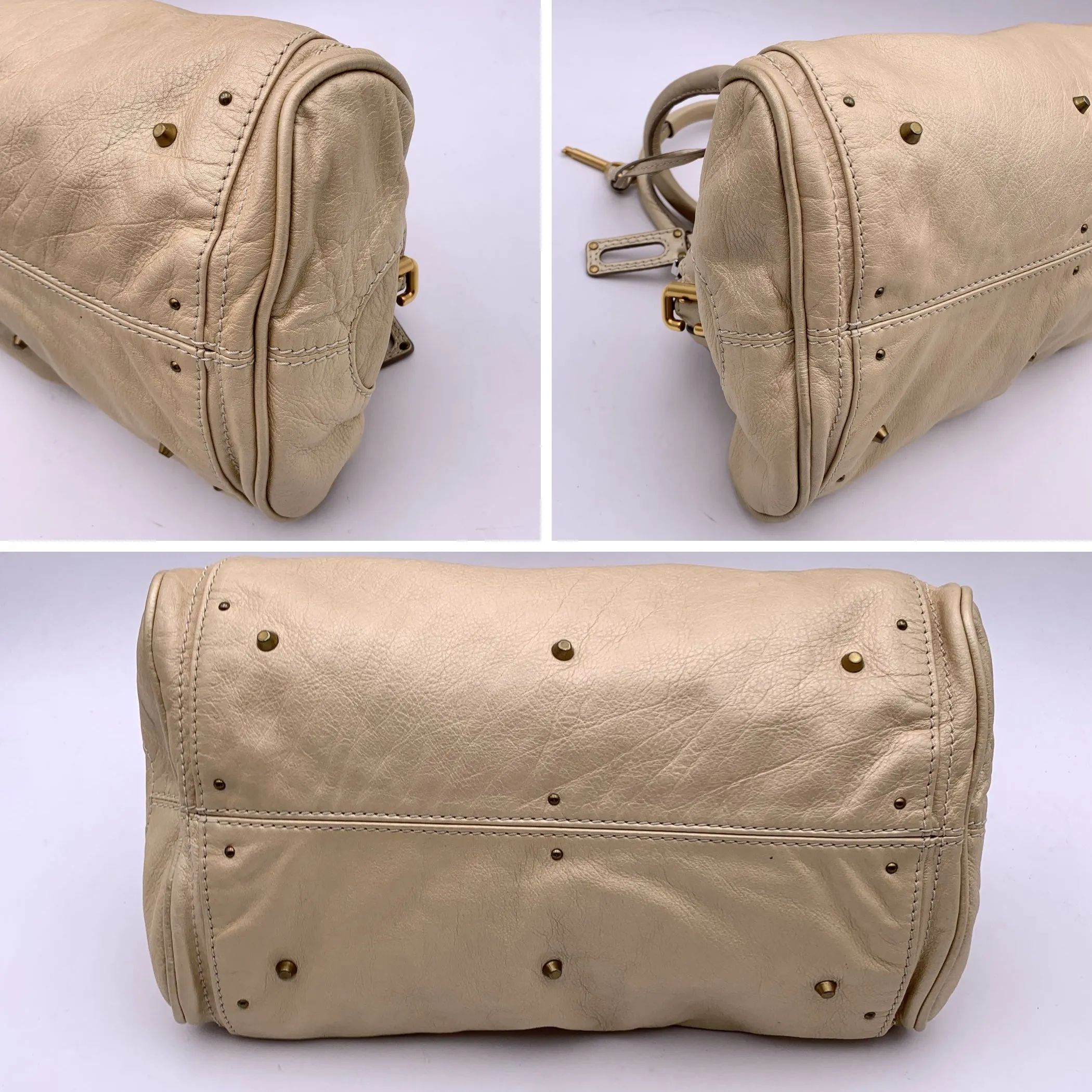 Chloe Metallic Beige Leather Paddington Bag Tote Satchel Handbag