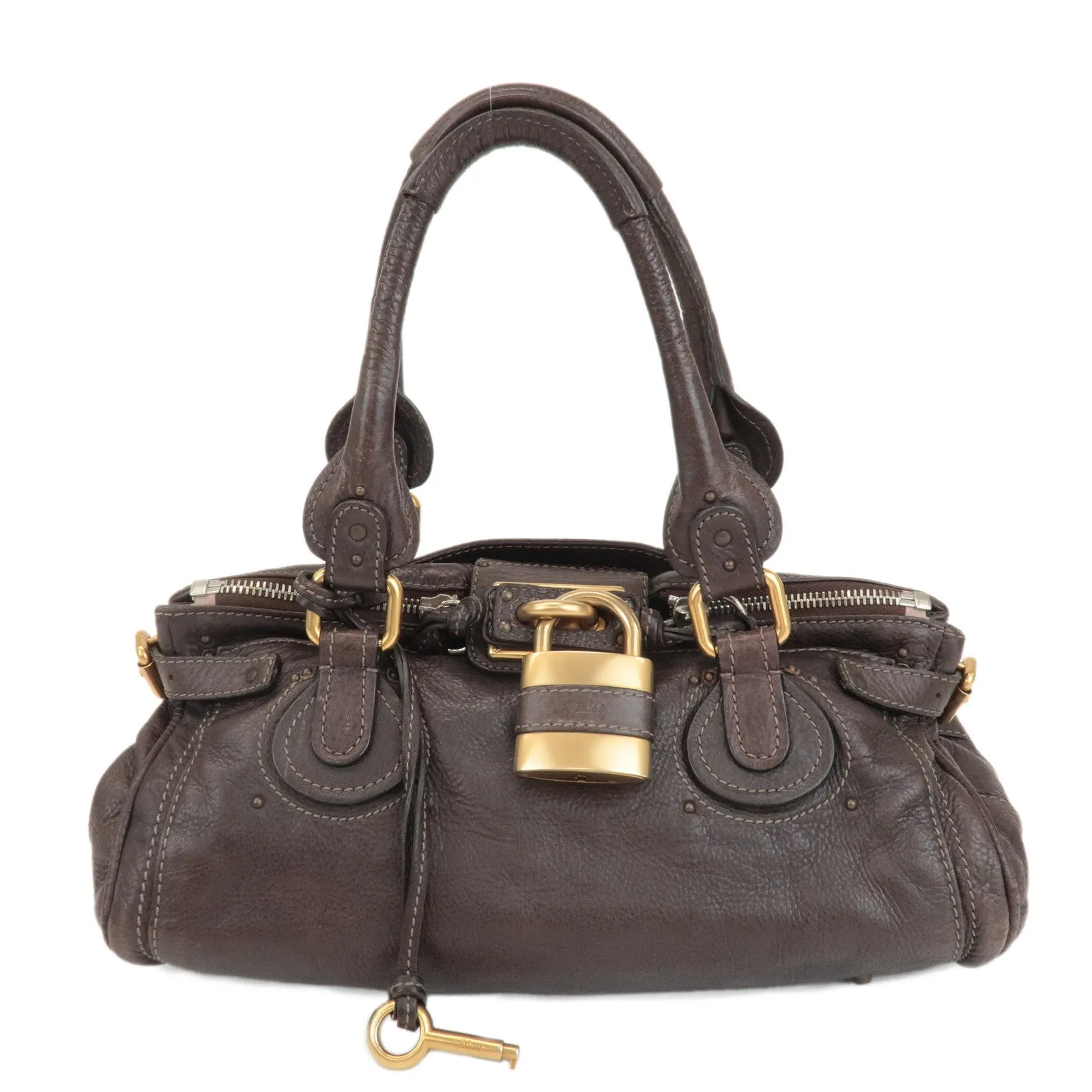 Chloe Paddington Leather Medium Hand Bag Shoulder Bag Dark Brown Used