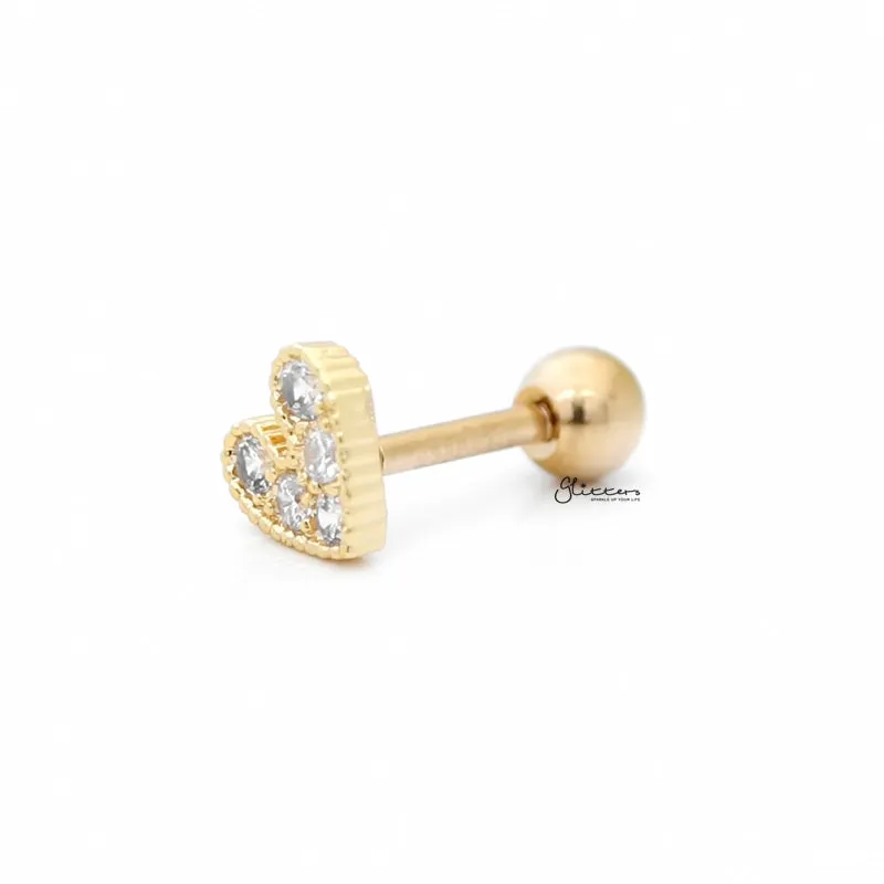 C.Z Paved Heart Cartilage/Tragus Ball End | Flat Back Studs - Gold