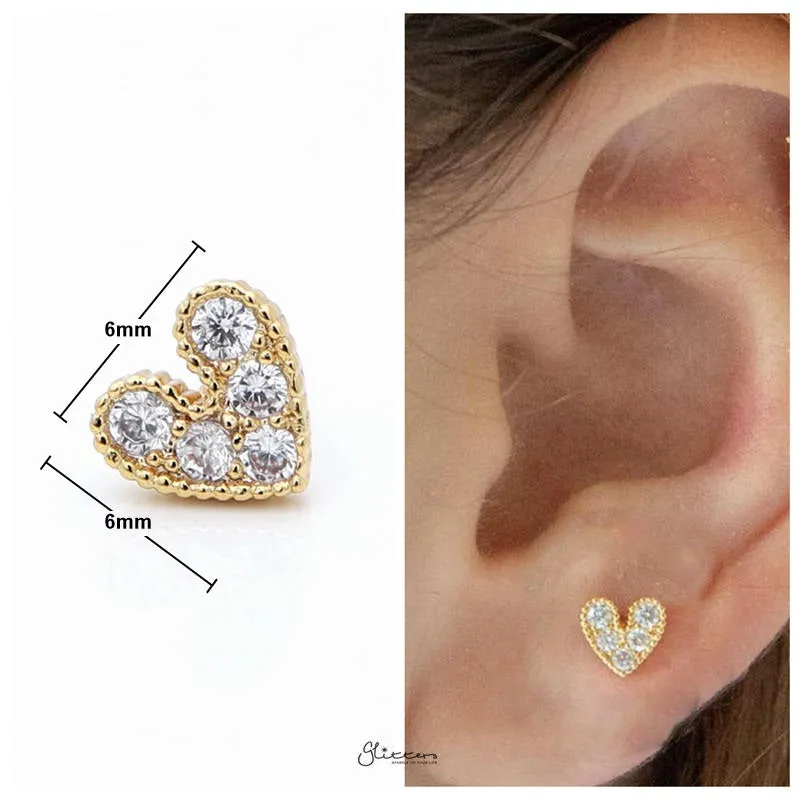 C.Z Paved Heart Cartilage/Tragus Ball End | Flat Back Studs - Gold