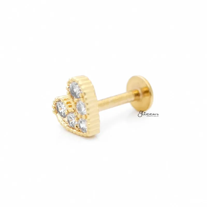 C.Z Paved Heart Cartilage/Tragus Ball End | Flat Back Studs - Gold