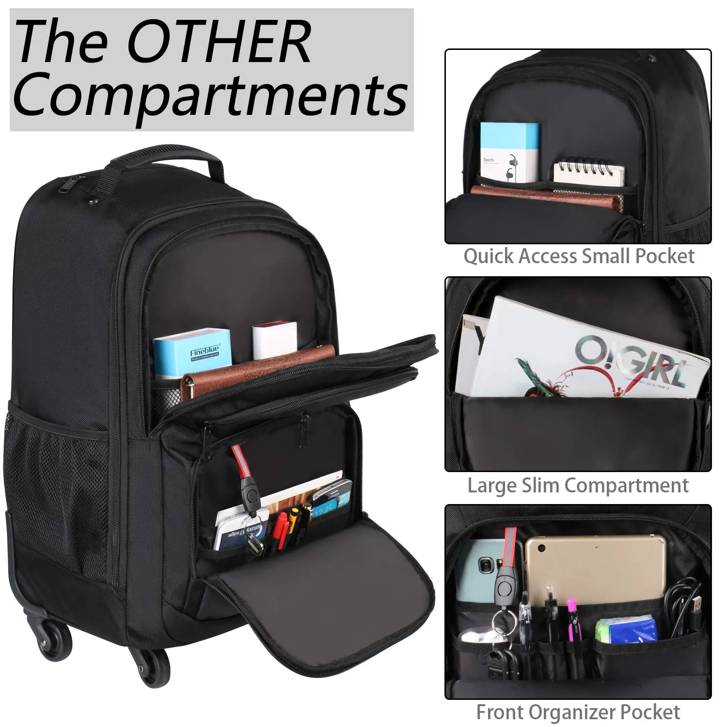 Rolling Backpack for Travel, 4 Wheels Laptop Backpack for Women Men, Water Resistant Business Large Wheeled Backpacks Fits 15.6 Inch Notebook, MATEIN School Luggage Suitcase Bag with Pockets