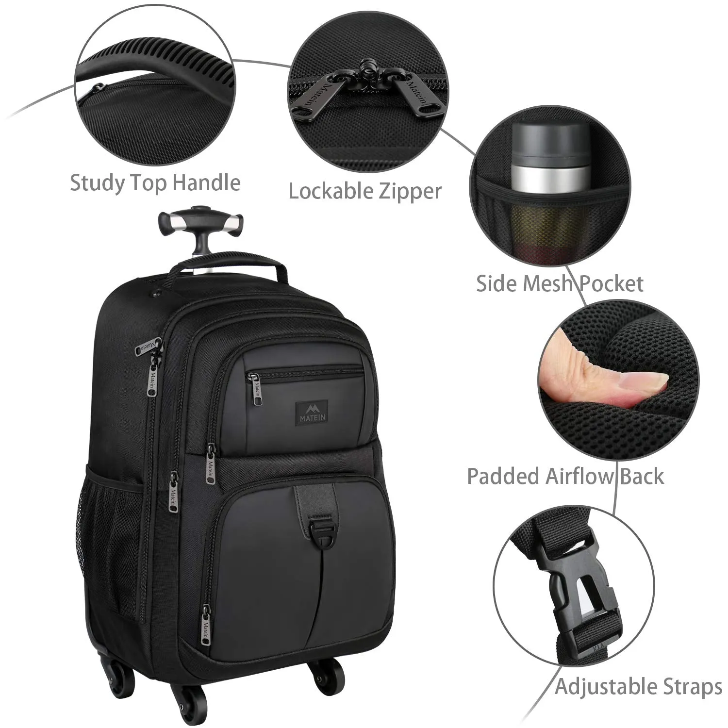 Rolling Backpack for Travel, 4 Wheels Laptop Backpack for Women Men, Water Resistant Business Large Wheeled Backpacks Fits 15.6 Inch Notebook, MATEIN School Luggage Suitcase Bag with Pockets
