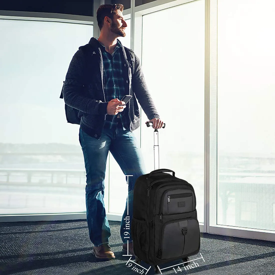 Rolling Backpack for Travel, 4 Wheels Laptop Backpack for Women Men, Water Resistant Business Large Wheeled Backpacks Fits 15.6 Inch Notebook, MATEIN School Luggage Suitcase Bag with Pockets